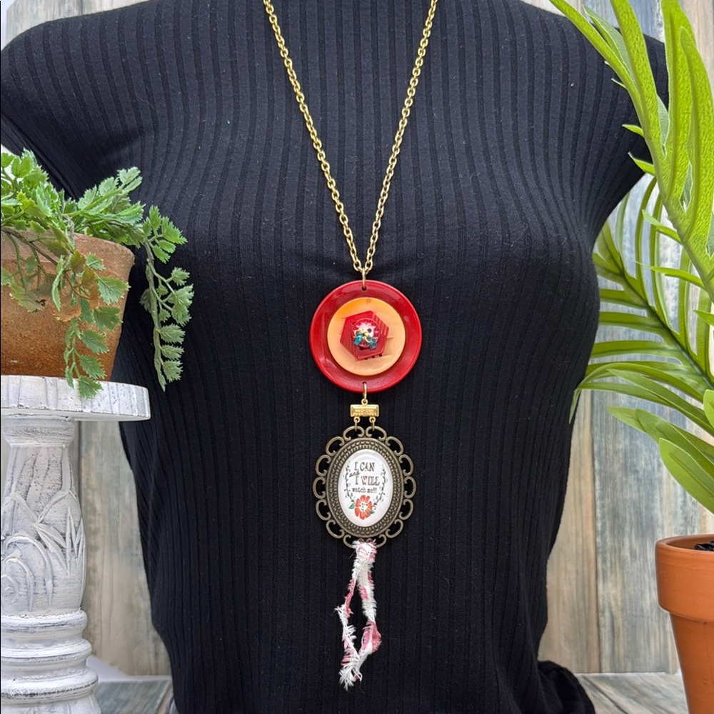 🌟Adorned Crown Jewelry assemblage button bezel I can I will watch me necklace